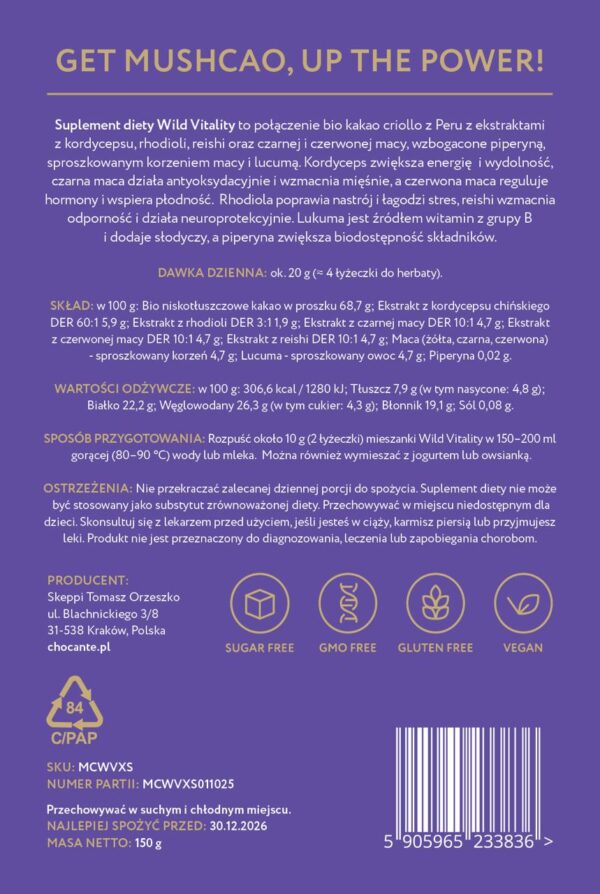 Wild Vitality - Mushcao w proszku z Kordycepsem, Rhodiolą, Macą, Reishi i Lukumą — изображение 3